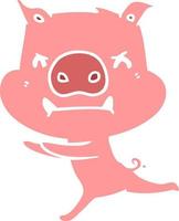 angry flat color style cartoon pig vector