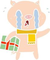 crying pig flat color style cartoon delivering christmas present vector