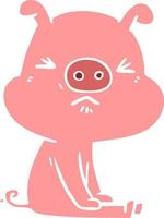 flat color style cartoon angry pig sat waiting vector