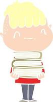 flat color style cartoon friendly boy with books vector