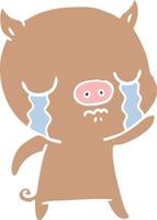 flat color style cartoon pig crying waving goodbye vector