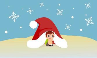 Little boy sitting alone in a big Santa Claus hat shielding the cold from the snow. Loneliness on Christmas New Year. Waiting for presents from Santa Claus. vector