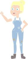 flat color illustration of a cartoon woman in dungarees vector