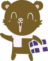 happy flat color style cartoon bear with gift vector