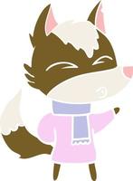 flat color style cartoon wolf in winter clothes vector
