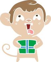 crazy flat color style cartoon monkey with christmas present vector