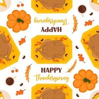 Autumn seamless pattern with turkey, pumpkin pie, pumpkin and fall trappings. Thanksgiving, harvest, fall holidays. Background for fall concept and other uses.