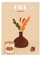 ilustración de otoño con letras y atributos temáticos. comodidad otoñal, vela fragante y flores secas. diseño vectorial para postales, afiches, volantes, web y tipografía. vector