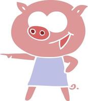 cheerful pig in dress pointing flat color style cartoon vector