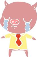 flat color style cartoon pig crying wearing shirt and tie vector