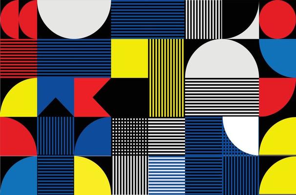 Editable Abstract background in geometric pattern. Colorful geometric background with black as the base color, with circles, triangles and rectangles forming a unique pattern. simple flat designs,