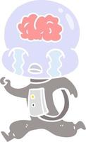 flat color style cartoon big brain alien crying running vector