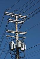 Power line cables on the blue sky background photo