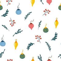 Christmas glass balls seamless pattern. Hand draw Glass Christmas tree toys, berries and twigs. Xmas holiday. Winter pattern, wrapping paper, scrapbooking, background. Vector illustration