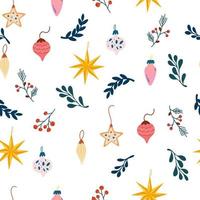 Christmas glass balls seamless pattern. Hand draw Glass Christmas tree toys, berries and twigs. Xmas holiday. Winter pattern, wrapping paper, scrapbooking, background. Vector illustration