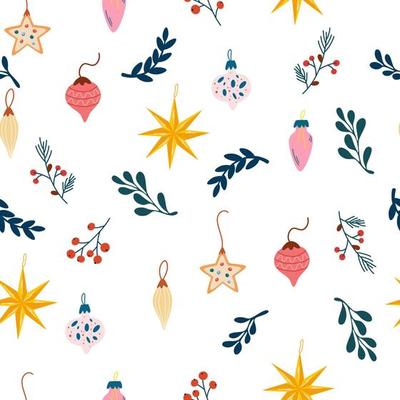 Christmas glass balls seamless pattern. Hand draw Glass Christmas tree toys, berries and twigs. Xmas holiday. Winter pattern, wrapping paper, scrapbooking, background. Vector illustration