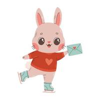 Cute bunny on ice skates with love letter Happy Valentines Day vector illustration