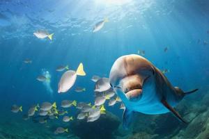 dolphin underwater on blue ocean background photo