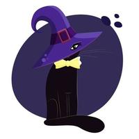 The flat black cartoon halloween cat in the witch hat with green eyes