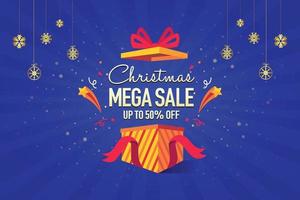 Christmas Mega Sale Offer logo unit with unboxing celebration graphics. Logo Design, Icon, Poster, Unit, Label, Web Header, Vector, illustration, Tag, Christmas Celebration background, Sign, Symbol. vector