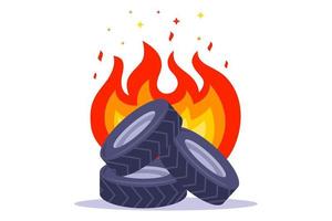 a pile of burning old car tires. flat vector illustration.