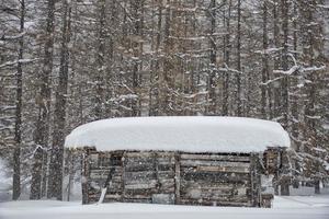 mountain hut under the snow photo