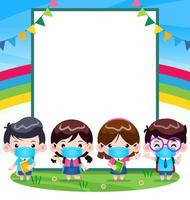 Kids Student With Medical Mask On Front Big Banner vector