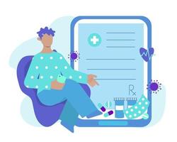 Prescription online vector concept illustration. Man is getting online prescriptions while staying at home.