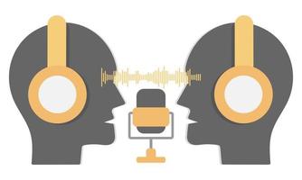 Two heads with microphone talking to each other. Podcast vector concept illustration.