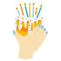 Hand with manicure is holding birthday cake. Vector flat cartoon illustration on white background.