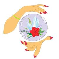 magical, witchcraft, crystal ball with stones and a red flower in the hands of fortune teller, witch with predictions and positive statements, healing hands. Vector Cartoon Illustration