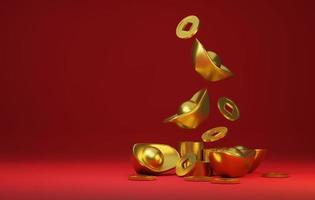 Gold ingots and ancient Chinese gold coins falling on the red background.  3d illustration, 3d rendering photo