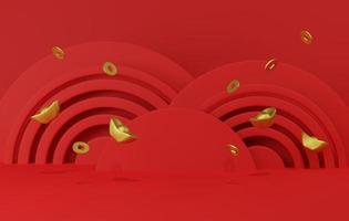 Gold ingots and ancient Chinese gold coins falling on the red background.  3d illustration, 3d rendering photo
