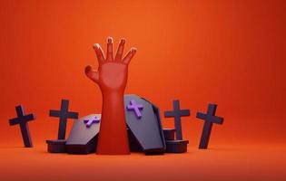 Extending hand from grave and cross background cemetery dark orange background.  3d illustration, 3d rendering photo