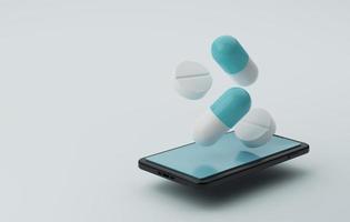 Capsule pills and pills floating on mobile screen white background.  3d illustration, 3d rendering photo