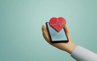 Hand holding cell phone with heart and pulse icons floating on screen.  3d illustration, 3d rendering photo