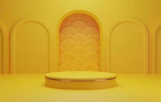 Chinese New Year style gold border round pedestal with geometric and Chinese water wave pattern on yellow background.  3d illustration, 3d rendering photo