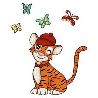 Tiger is symbol of the new year according to the Chinese or Eastern calendar. Wearing a hat with flying butterflies. Vector editable illustration, cartoon style.