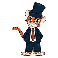 Tiger is symbol of the new year according to the Chinese or Eastern calendar. In suit and in top hat. Vector editable illustration, cartoon style