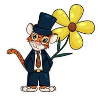 Tiger is symbol of the new year according to the Chinese or Eastern calendar. In suit and top hat, with big yellow flower. Outline for coloring. Vector editable illustration, cartoon style