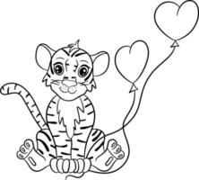 Tiger with red balls in the shape of heart. Symbol of the new year according to the Chinese or Eastern calendar. Outline for coloring. Vector editable illustration, cartoon style