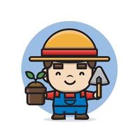 Cute characters farmer holding plant pot and trowel vector