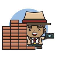 cute detective holding a camera and hiding behind a wall vector