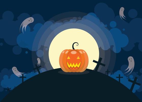 Halloween pumpkin and ghosts under the full moonlight.