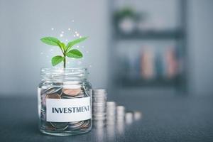 Treetops, message on paper and coins in glass jar, savings concept. Financial Growth,Business Investment and Currency Exchange,Financial Asset Investment Management,Sustainable Profit Increase photo