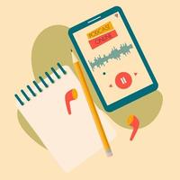 Smartphone with podcast broadcasting, notebook, earphones and pencil. Vector concept illustration in flat cartoon style.