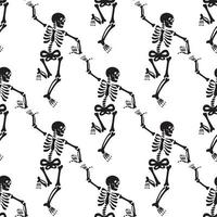 Seamless pattern with black skeletons, vigorously dancing and having fun on a white background. vector