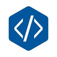 Code emblem, blue hexagon, white angle brackets, HTML icon. vector