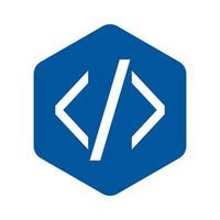 Code emblem, blue hexagon, white angle brackets, HTML icon. vector