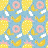Seamless pattern for children. Background for decoration of fabric pattern. Strawberry, duck, milk bottle and donut vector. vector